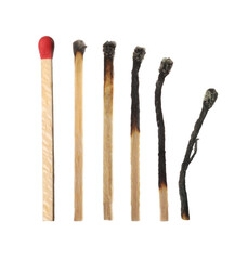 Matches on white background, collage with stages from whole to completely burnt
