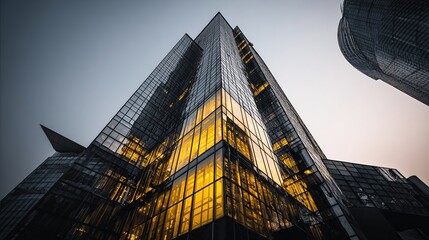 Glass skyscraper soars, reflecting golden light against a subdued sky from low angle