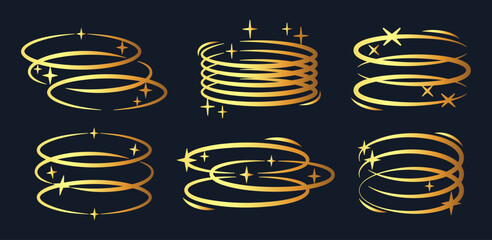 Gold ellipse shapes. Golden brutalist y2k oval frames with stars and sparkles, precious oval frames flat vector illustration set. Abstract rings symbols