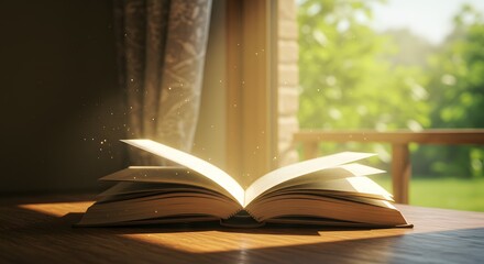 Open Book in Sunlight: Window View, Reading and Nature