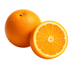 Two fresh whole oranges and one cross-section of an orange, horizontal view, bright white background,
