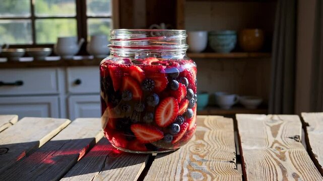 Jar of homemade berry compote filled with strawberries, blueberries, and raspberries, placed on a wooden kitchen surface in a cozy interior. Perfect for food blogs, canning visuals, or rustic lifestyl