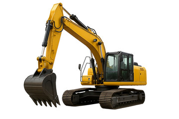 Yellow excavator heavy equipment with raised arms,white background,crane,tractor,truck