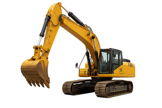 Yellow excavator heavy equipment with raised arms,white background,
