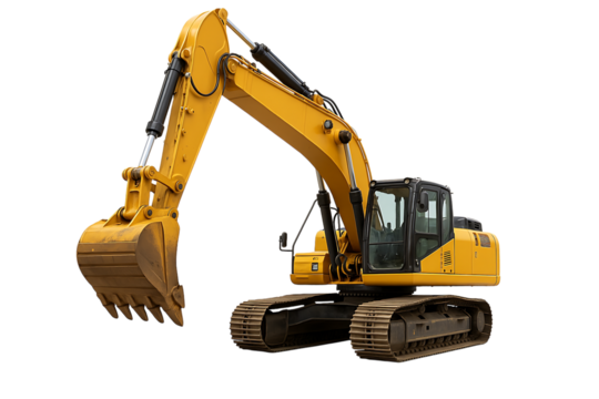 Yellow excavator heavy equipment with raised arms,white background,