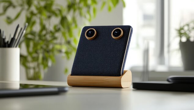 A dark navy-blue rectangular device sits on a light-brown wooden stand. Two circular lenses are visible on the front.  Natural light illuminates the scene