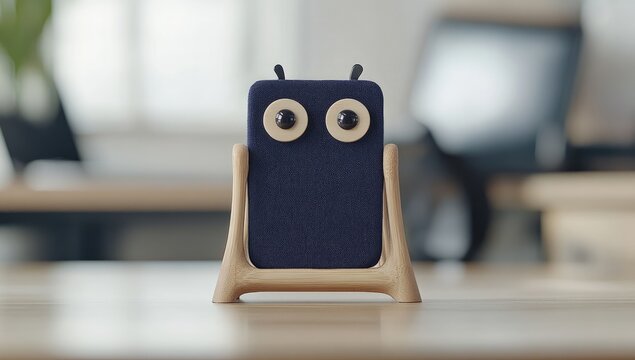 Small, dark-blue, rectangular object with light-brown stand and large, round, light-beige eyes