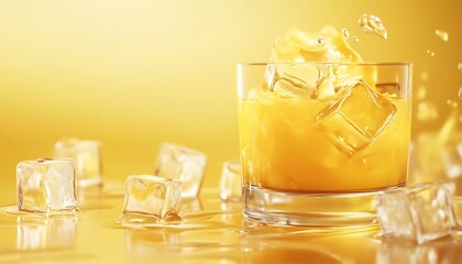Cocktail with pineapple and ice cubes on yellow background