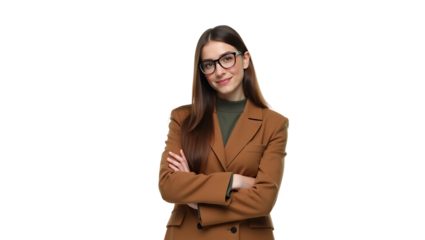 Young woman with long hair wearing brown coat and glasses, white background,