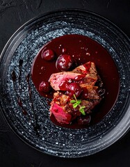Editorial Generative AI - Delicious gourmet dish with tender meat roast topped with rich cherry sauce and fresh cherries garnished with herbs on a black plate
