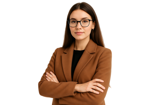 Young woman with long hair wearing brown coat and glasses, white background,hair,worker,isolated