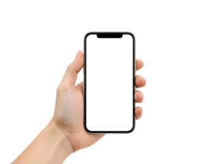 Hand holding a smartphone with a blank white screen, front view, white background,blank,device,cell