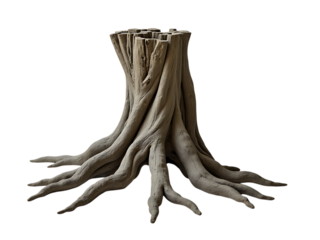 Old big tree roots with natural artistic shape, front side view, plain white background,garde,leaves,isolated