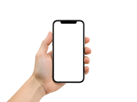 Hand holding a smartphone with a blank white screen, front view, white background,blank,device,cell