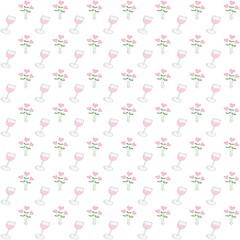 Seamless Mini Pink Flower and wina glass Pattern on White background