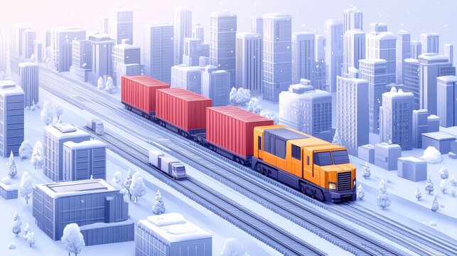 Freight Train with Containers in Stylized Snowy Cityscape