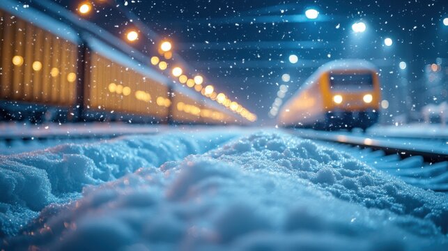 Snowy Train Tracks and Trains at Night - Powered by Adobe