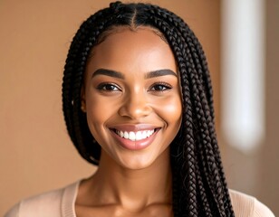 Happy woman with braids smiles