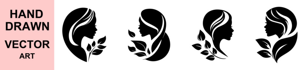 Hand drawn female profile with nature leaves, elegant woman silhouette beauty vector logo, eco-friendly organic spa wellness design illustration concept
