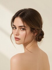 Beautiful portrait of an elegant woman with a slender face, delicate nose, and soft, porcelain-like skin. Her shoulder-length hair features fine, silky strands styled in a half-up twisted bun.