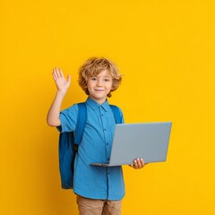 A young schoolboy with a backpack waves hello while holding a laptop computer