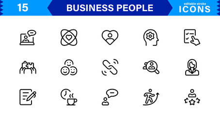 Business People Icon Set Representing Leadership, Teamwork, Meetings, Growth, and Success in a Minimalist, Professional, and Download-Ready Style