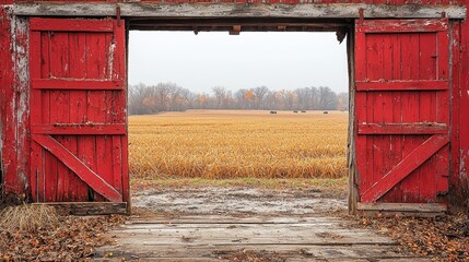 Open Barn Doors Reveal Serene Autumn Field