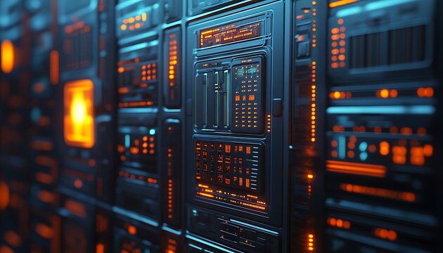 Futuristic server room with lots of light effects 3D rendering