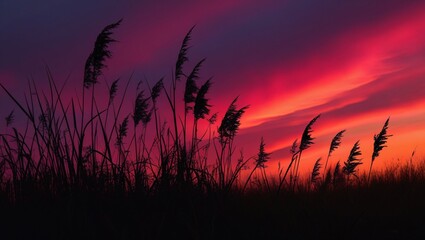 Vibrant Sunset Hues Illuminating Silhouetted Grasses A Captivating Nature Photography
