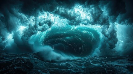 Ocean's Fury: A tempestuous sea,  a colossal wave illuminated by ethereal lightning, the power of nature unleashed.