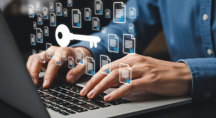Encryption Key Management and Secure Document Storage Solution | Data Encryption and Access Control for Document Security | Holographic Generative icon 