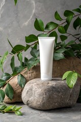 Organic skincare product mockup on stone with green leaves and gray background