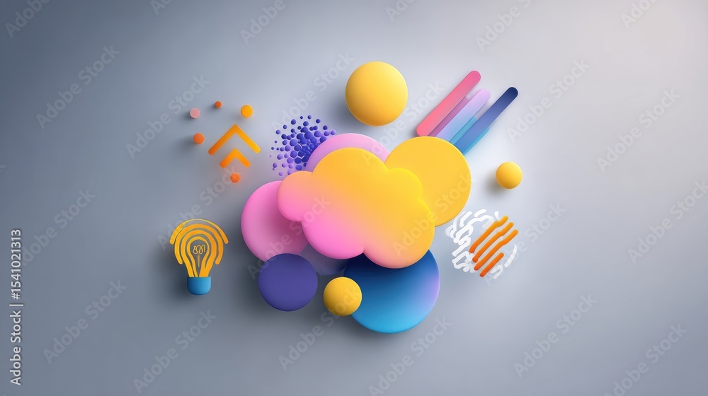 Poster tech startup background with abstract innovation symbols and minimal color palette