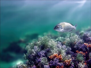 Obraz premium Underwater scene with fish and coral reef
