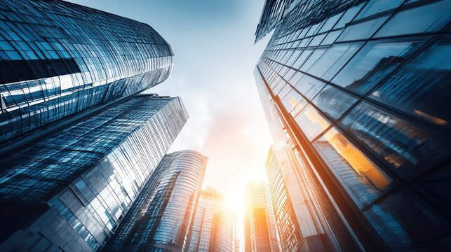 Low-angle upward shot of reflective glass buildings against a bright sky