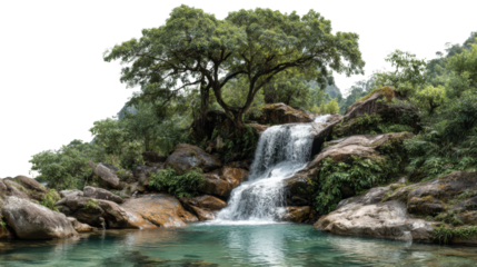 Cascading waterfall adventure lush forest nature tranquil setting scenic serenity cut out png
