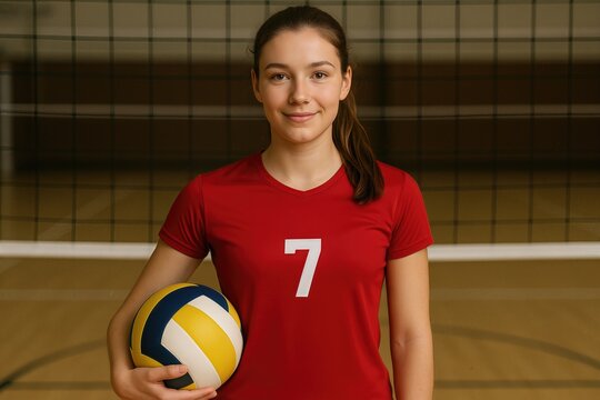 Confident female volleyball player in red jersey with number 7 on court