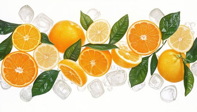 Fresh citrus fruits and ice.  Arrangement of sliced oranges and lemons,  with leaves and ice cubes on a white background.  Bright, vibrant colors