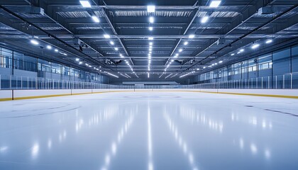 Ice hockey rink interior with lights at night. 3D Rendering