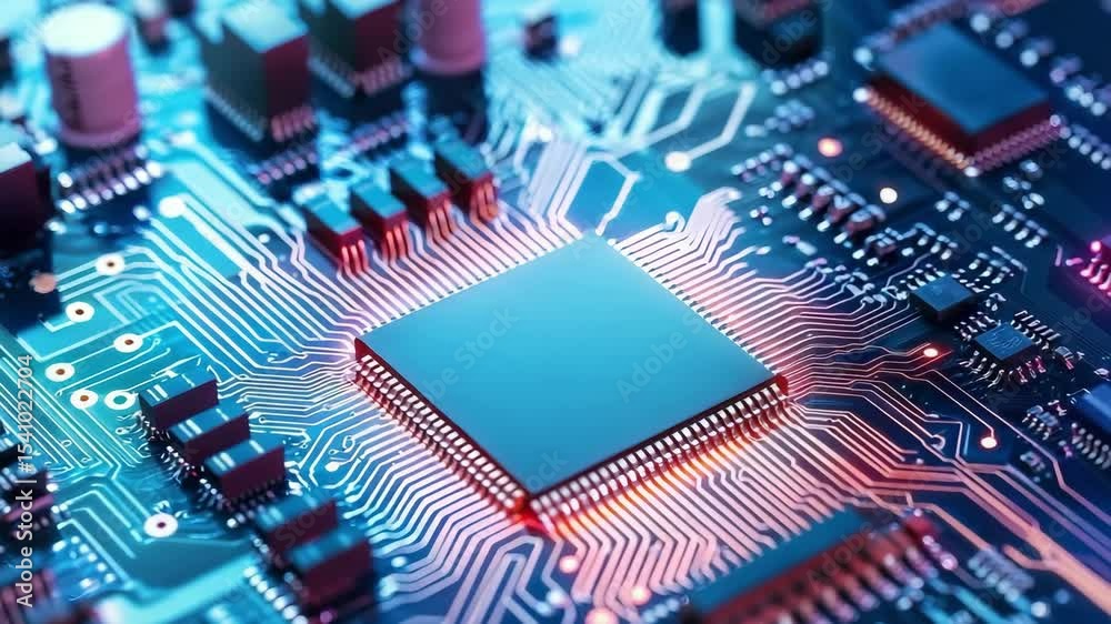 Poster close-up of a modern microprocessor on a intricate circuit board with glowing led elements in blue a
