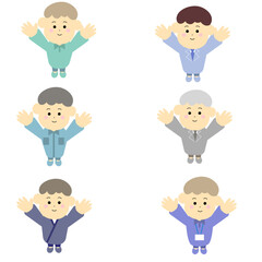 手を挙げるいろいろな職業の男性