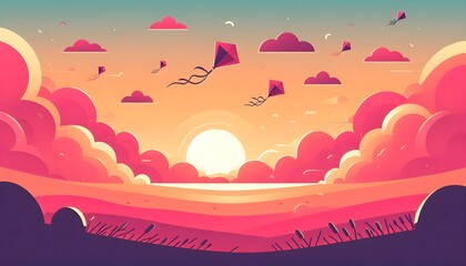 Magical minimalist landscape featuring kites in flight under pastel sky with drifting clouds at sunset