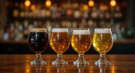 Four glasses of beer with different colors on a wooden table in a blurred background scene
