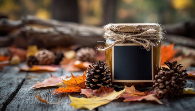 Autumnal jar of preserves on rustic wood