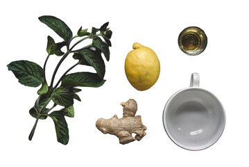 tasa de té, ingredientes , te helado, sobre fondo transparente