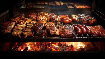 Image of a traditional 'parrilla' (Argentinian grill) with various cuts of meat and sausages sizzling over the embers. 