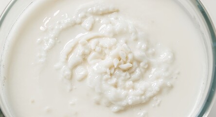 Close up of a glass bowl filled with a white liquid substance with a swirling texture inside it