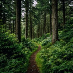 Fototapeta premium a serene path through a forest with tall dark green pine trees and thick underbrush of green ferns and shrubs