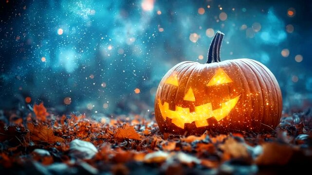 Illuminated carved pumpkin in autumnal leaves