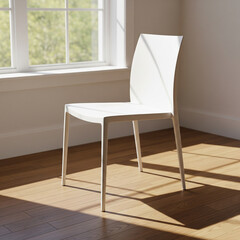 modern white chair with sunlight shadows on floor